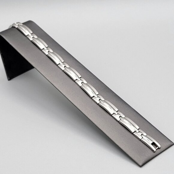 Stainless Steel Mens Bracelet 8 Inch Silver Tone Link Chain Fold Over Clasp - Picture 2 of 6